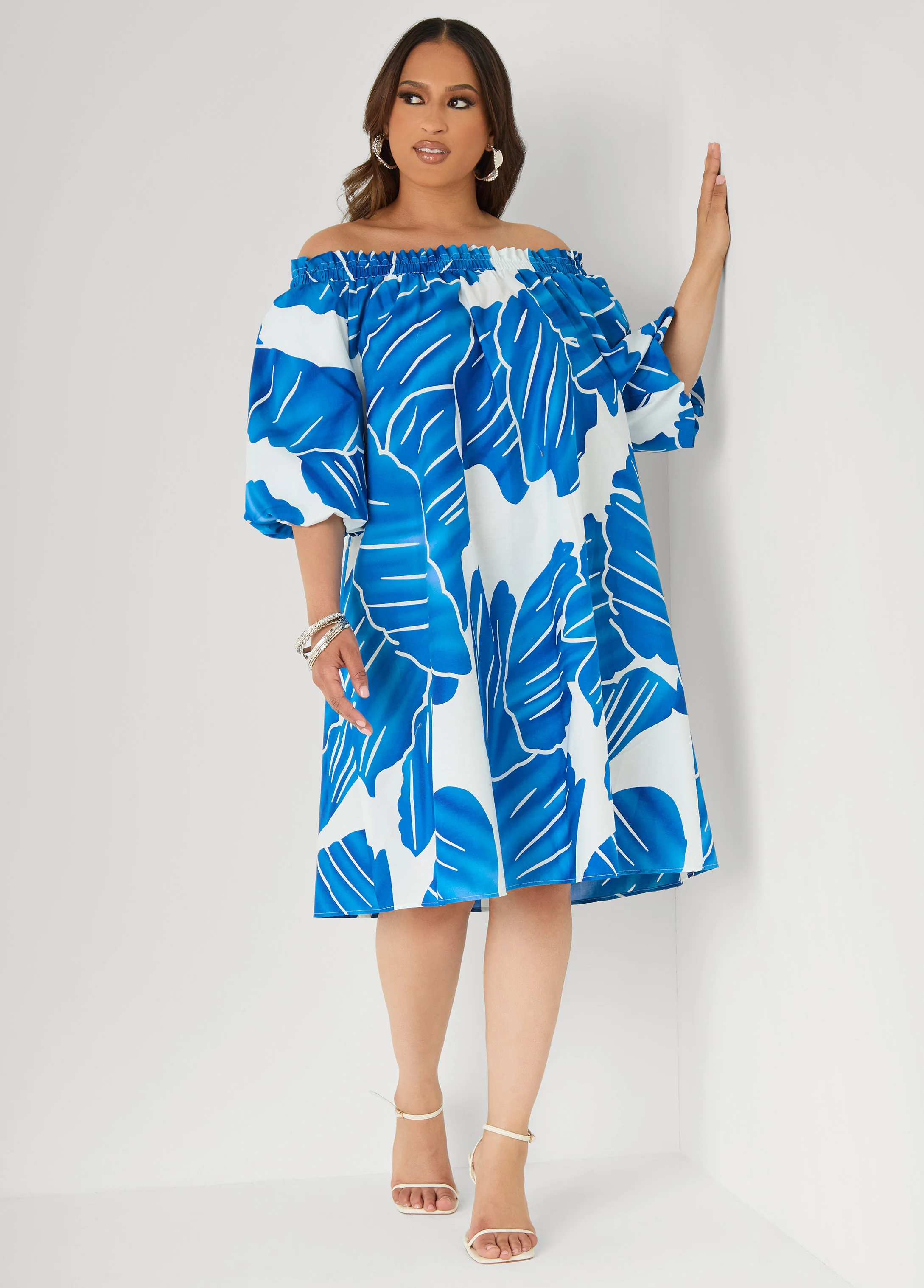 Off The Shoulder Leaf Print Dress - Image 3