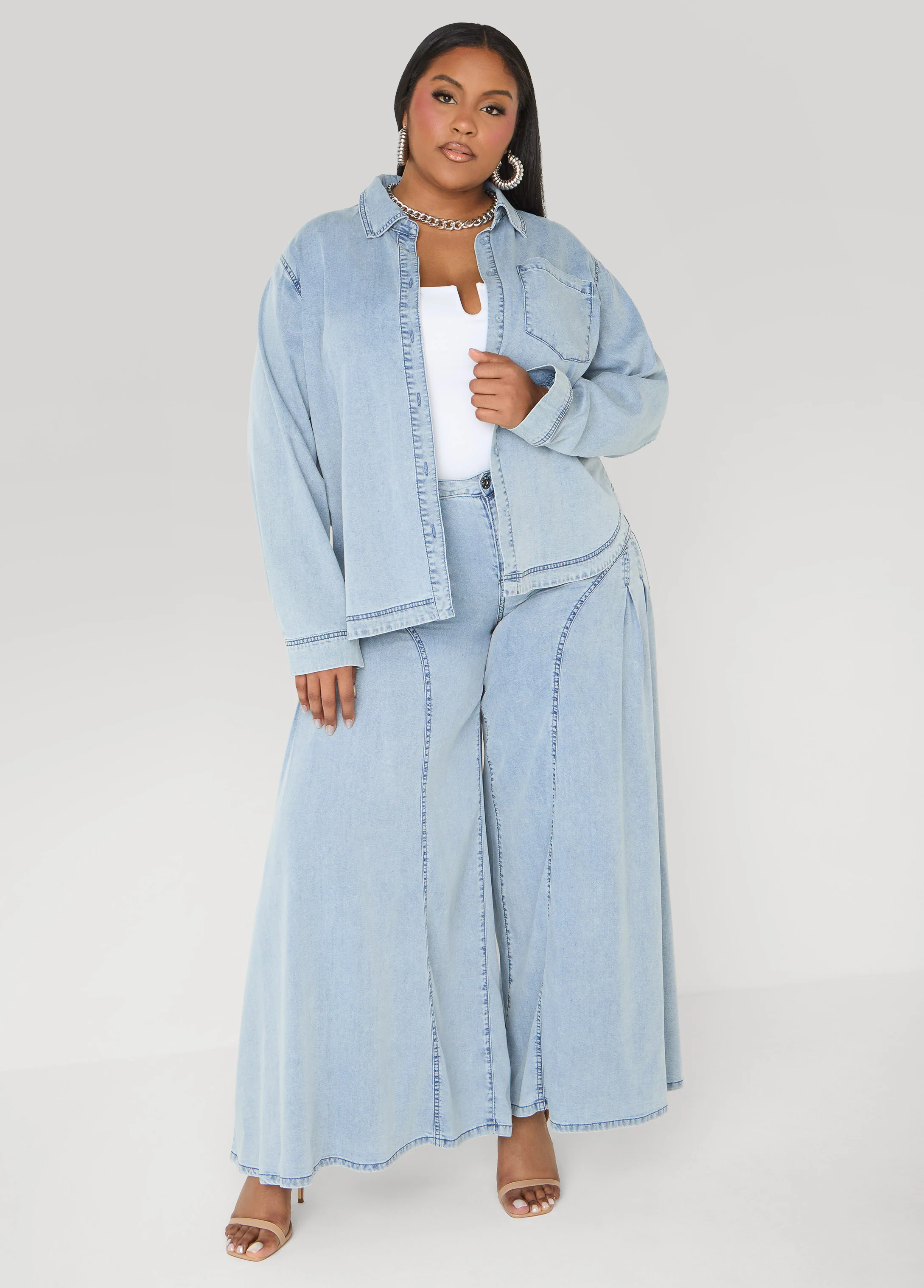 Pleated Wide Leg Chambray Pants - Image 4