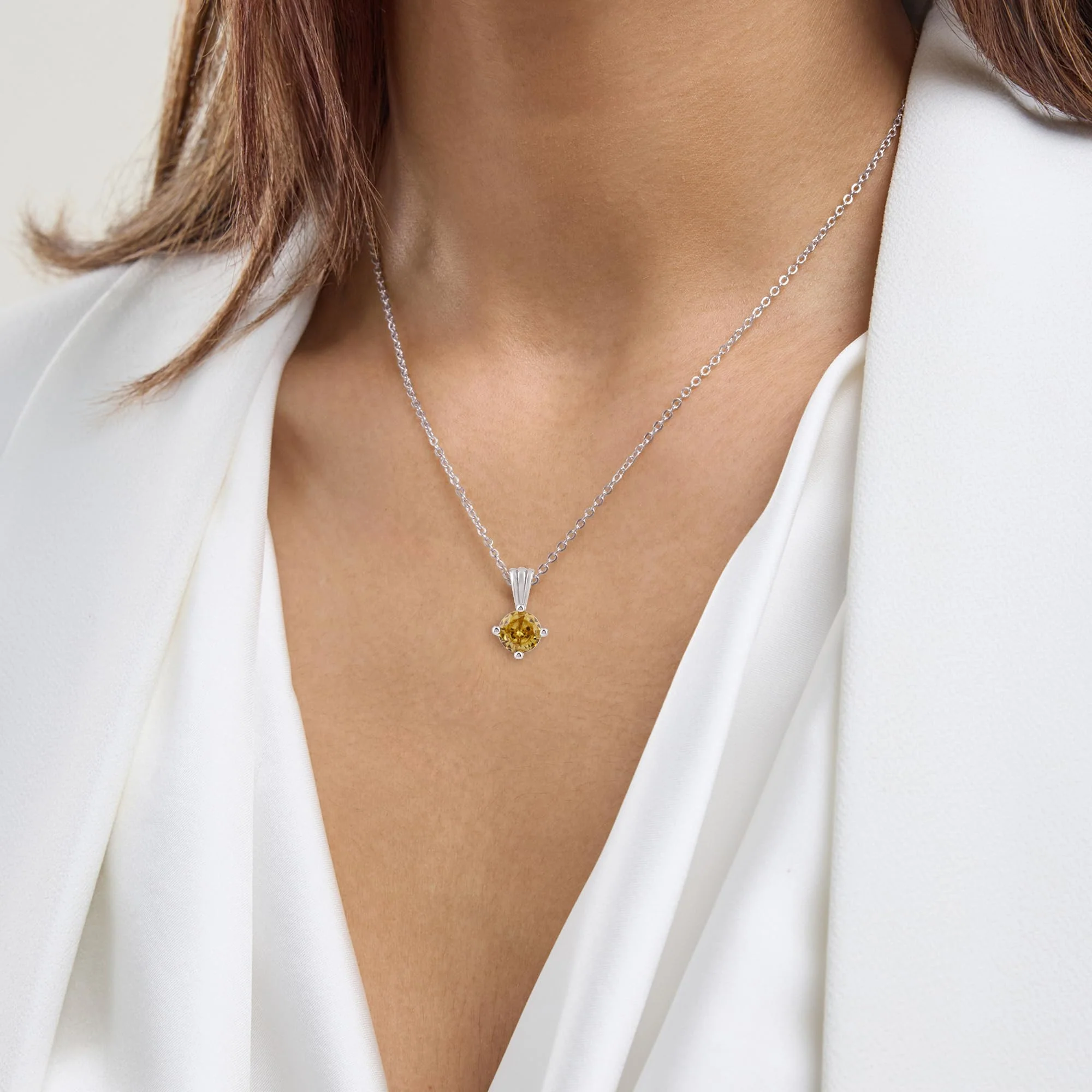 Gemstone Necklace in Sterling Silver, Round Pendant Size 6.5 * 6.5mm, 15" Cable Chain with 2" Extender, Gift Box Included - Apr, White Zircon - Image 8