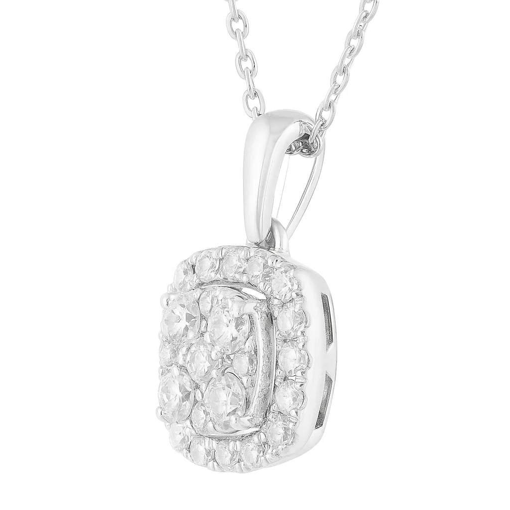 Lab Grown Sterling Silver Halo Diamond Pendant Necklace - Image 3