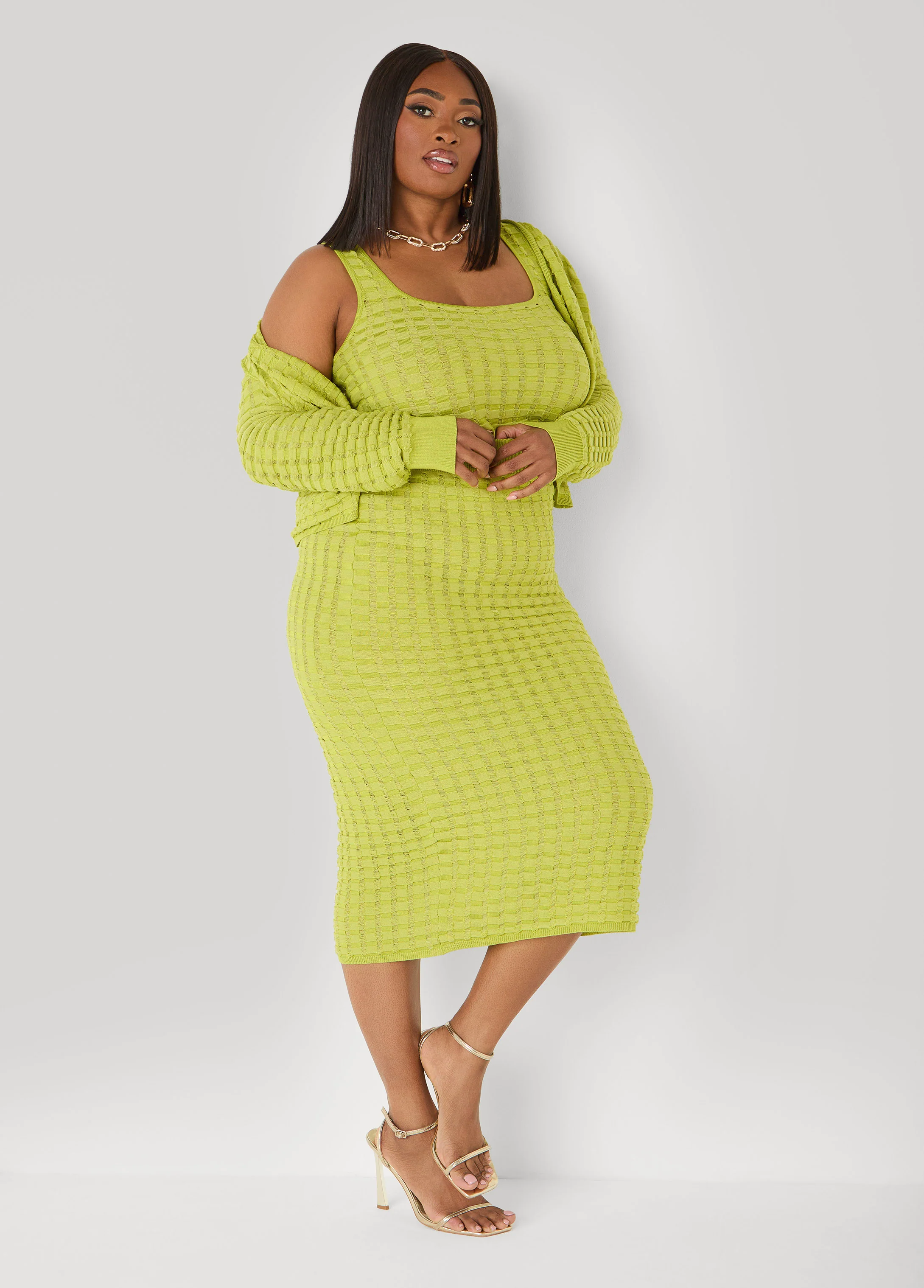 Textured Knit Checked Cardigan - Image 3