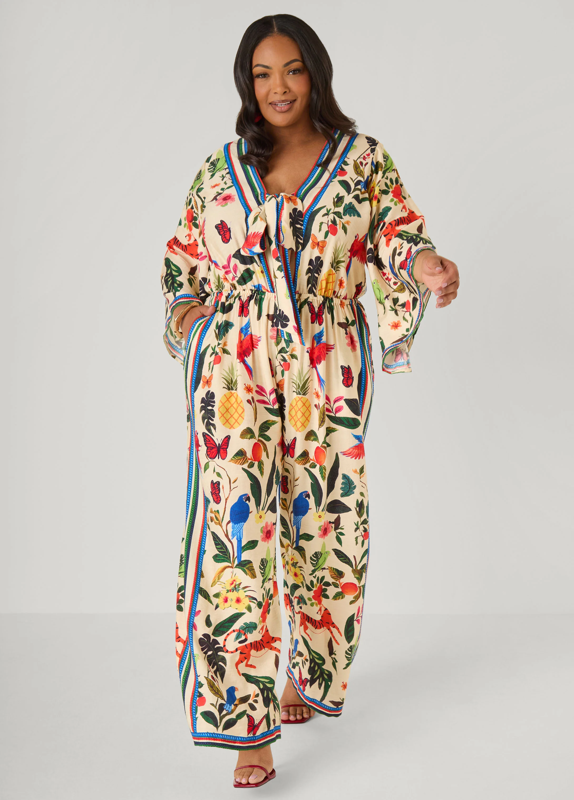 Tie Front Tropical Print Jumpsuit - Image 3