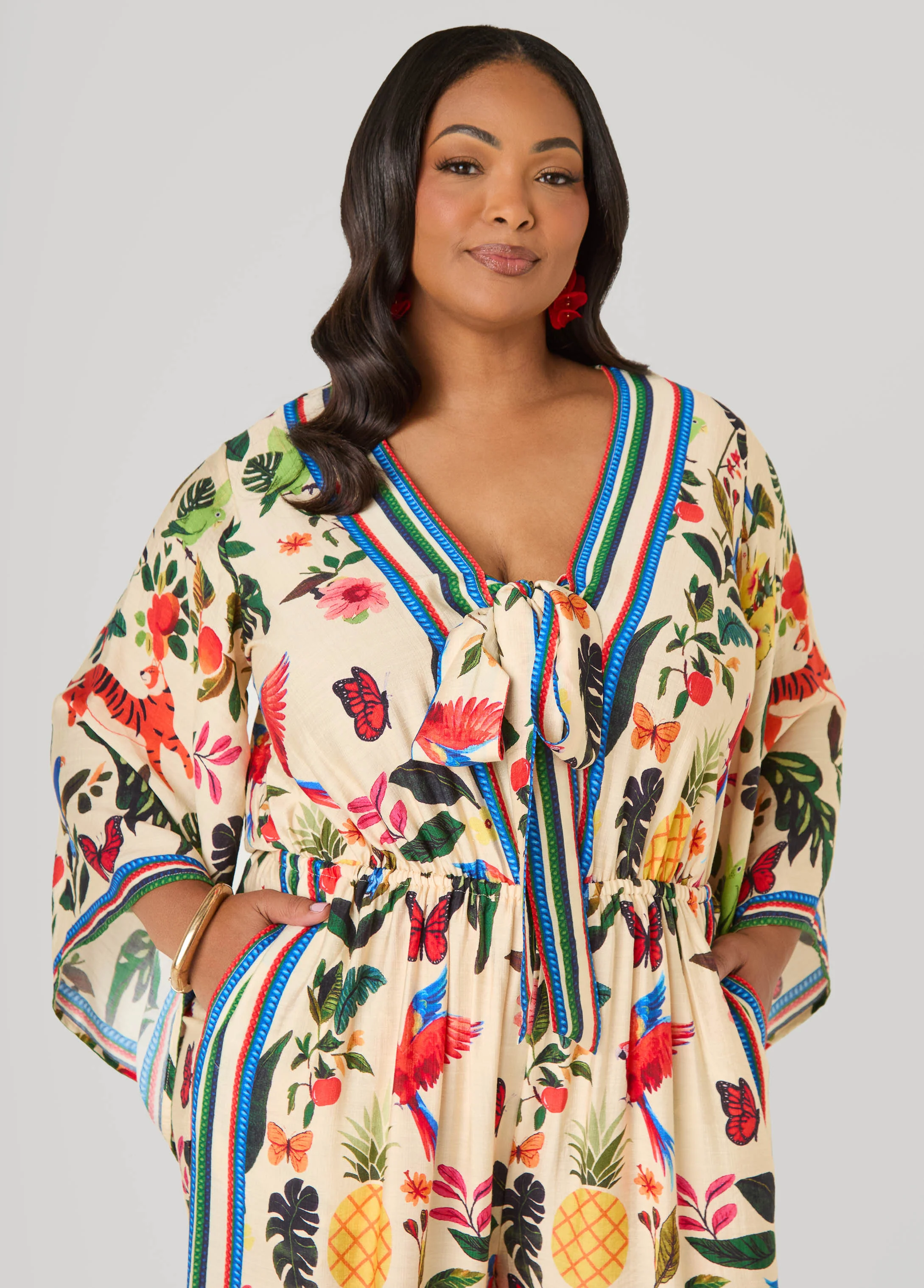 Tie Front Tropical Print Jumpsuit - Image 4
