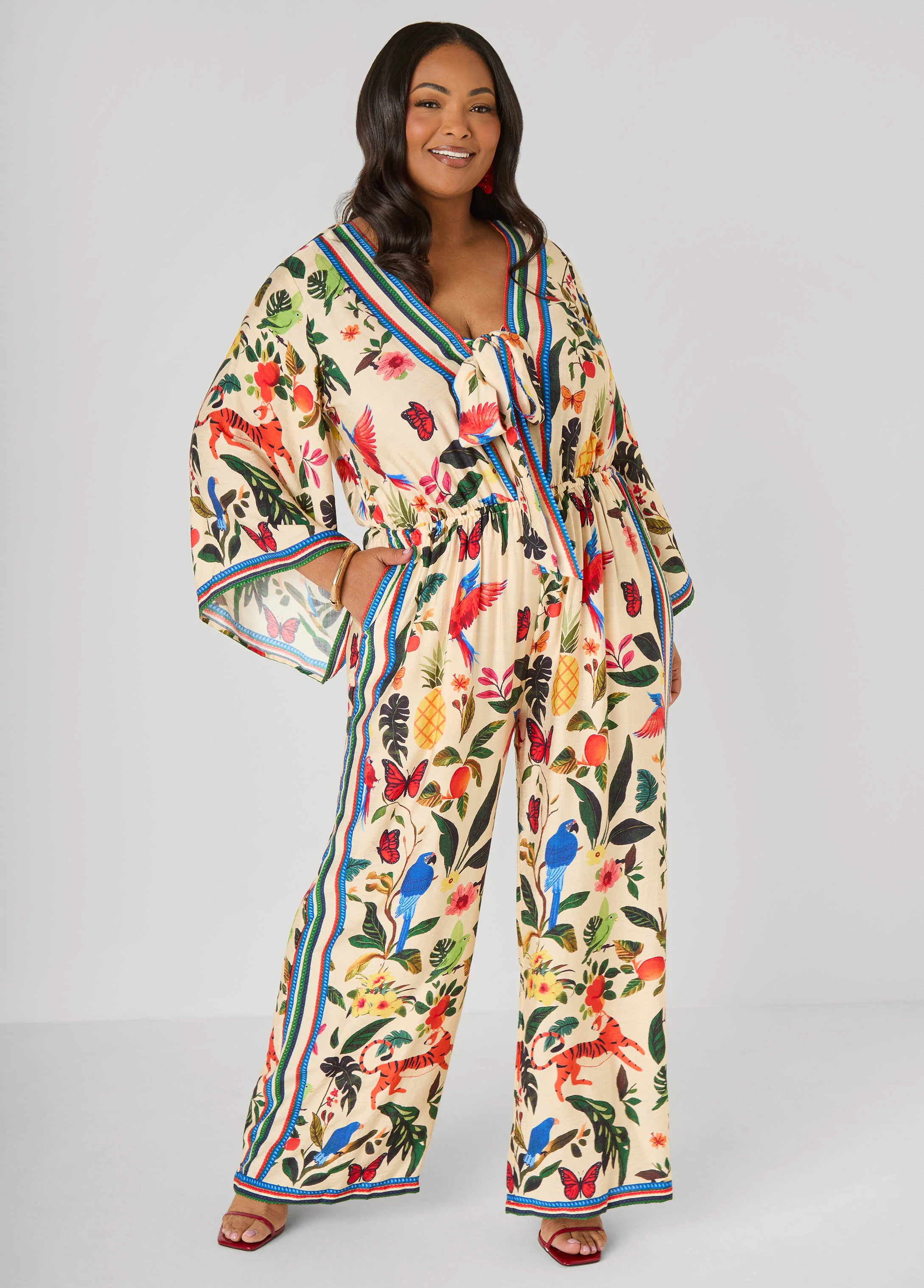Tie Front Tropical Print Jumpsuit - Image 5