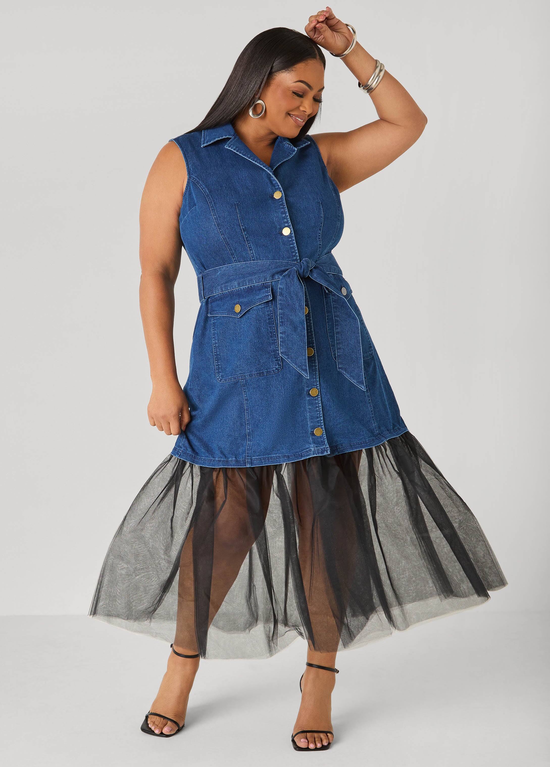 Tulle Paneled Denim Maxi Dress - Image 3