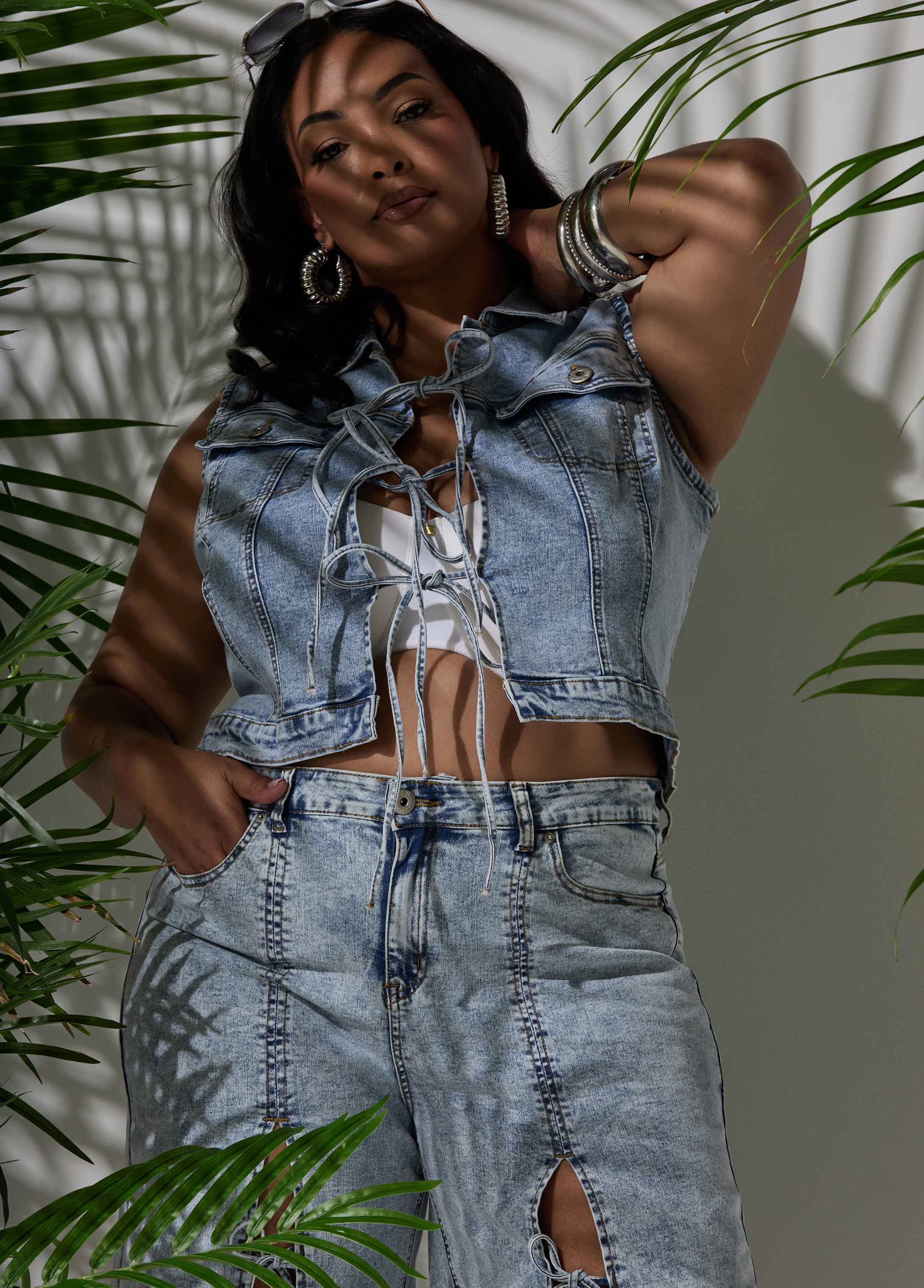 Tie Front Acid Wash Denim Vest - Image 3